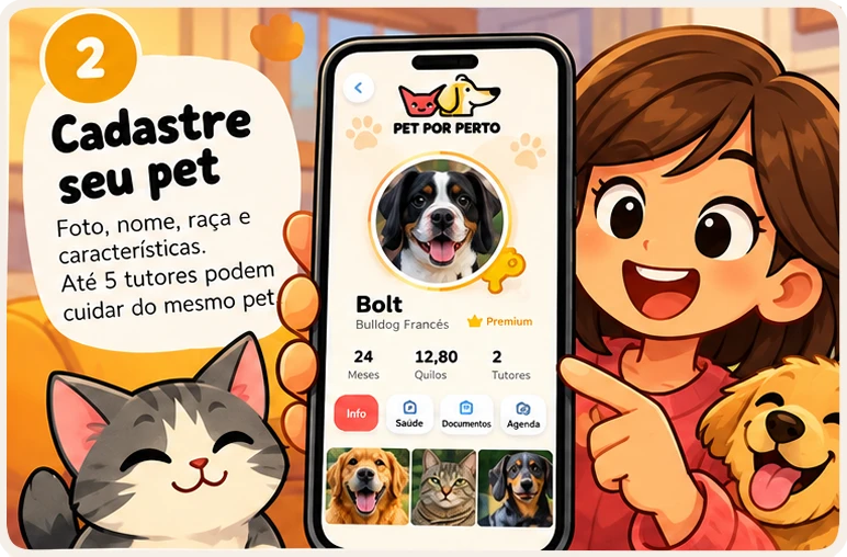 Passo 2: Cadastre seu pet. Foto, nome, raça e características. Até 5 tutores podem cuidar do mesmo pet.